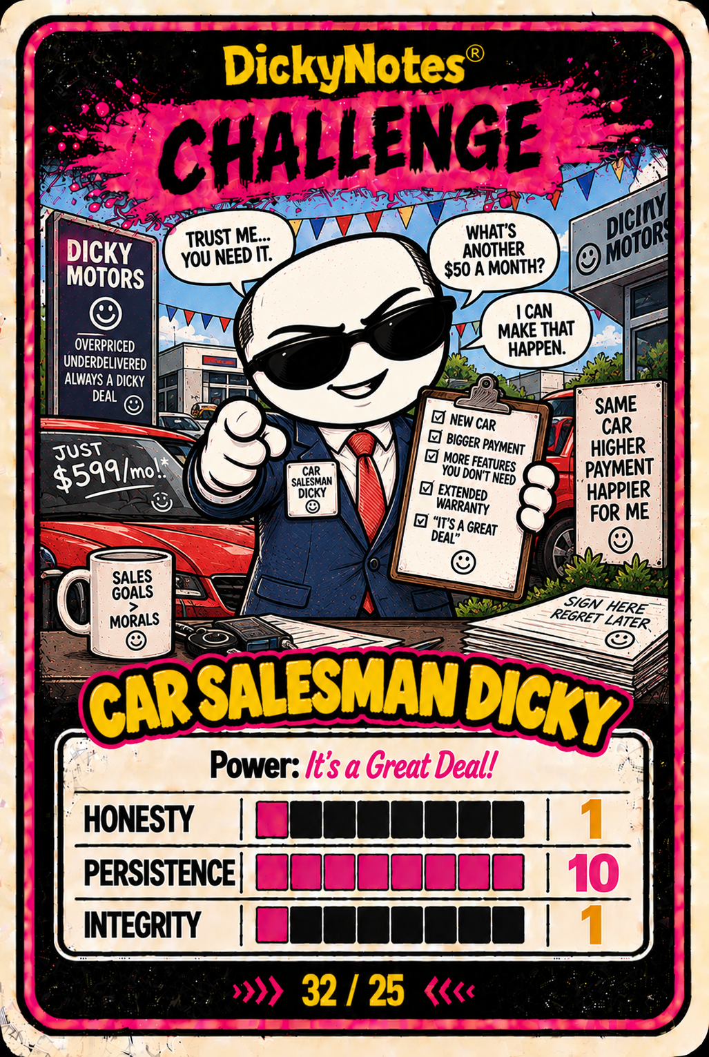 Car Salesman Dicky character card from the DickyNotes® character universe.