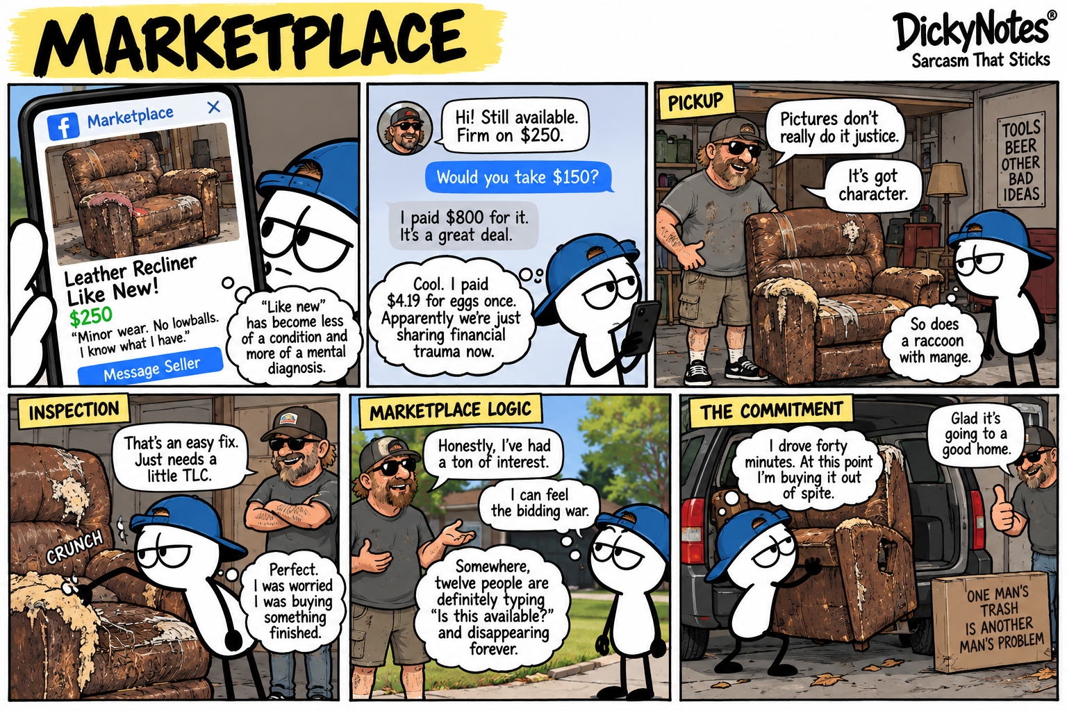 DickyNotes® Marketplace comic about Dicky buying a beat-up recliner from an online seller.