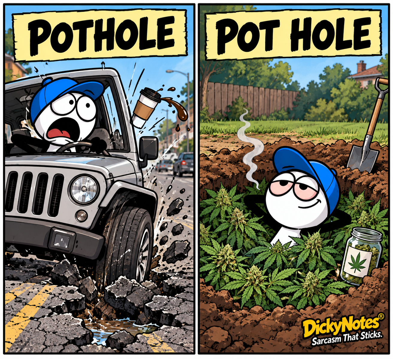 Dicky split-screen comic contrasting a pothole with a literal pot hole.