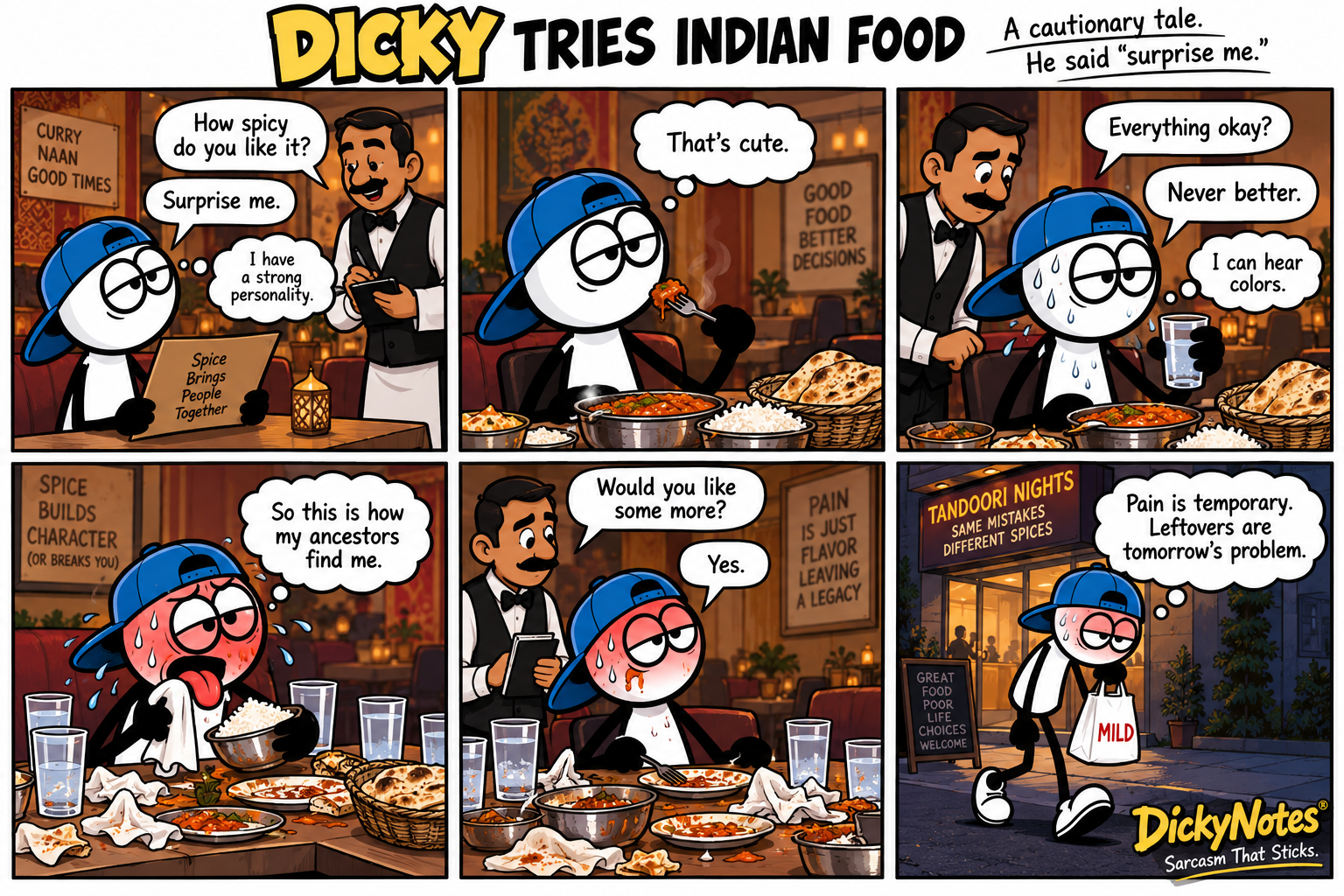 DickyNotes® six-panel comic: Dicky asks to be surprised by spicy food, struggles through dinner, and leaves with a takeaway bag marked MILD.