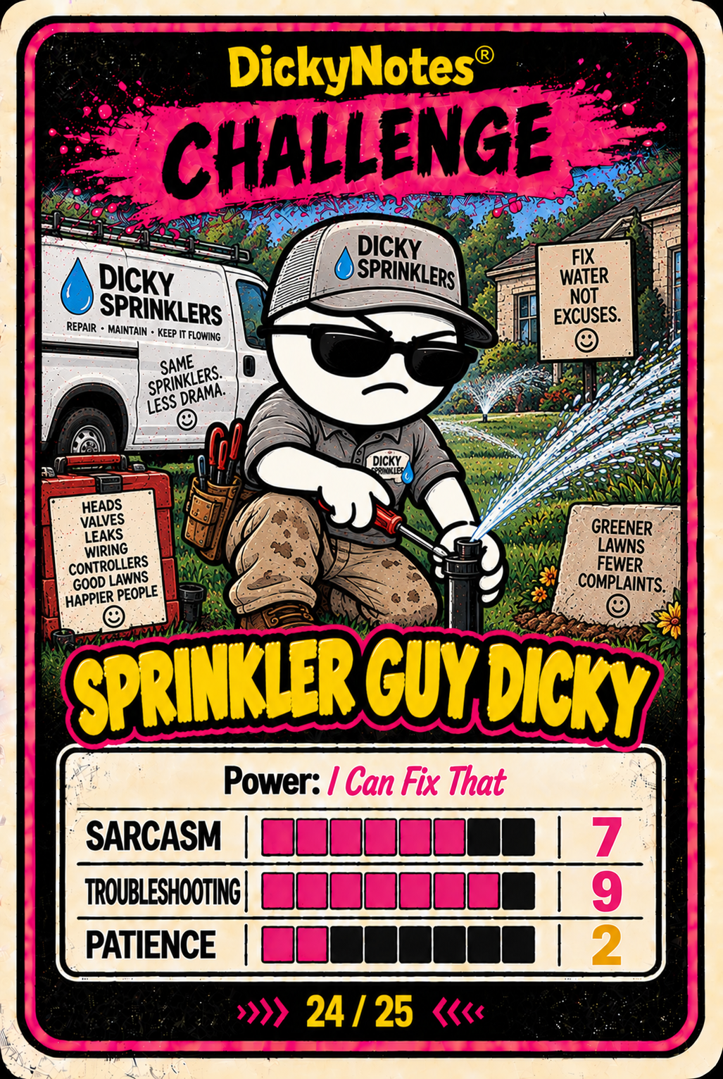 Sprinkler Guy Dicky character card from the DickyNotes® character universe.
