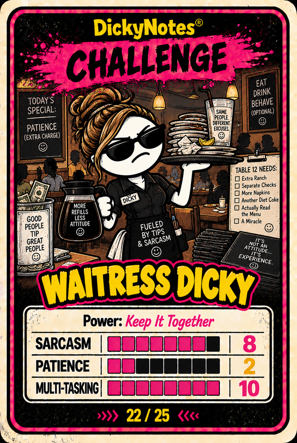 Waitress Dicky character card from the DickyNotes® character universe.